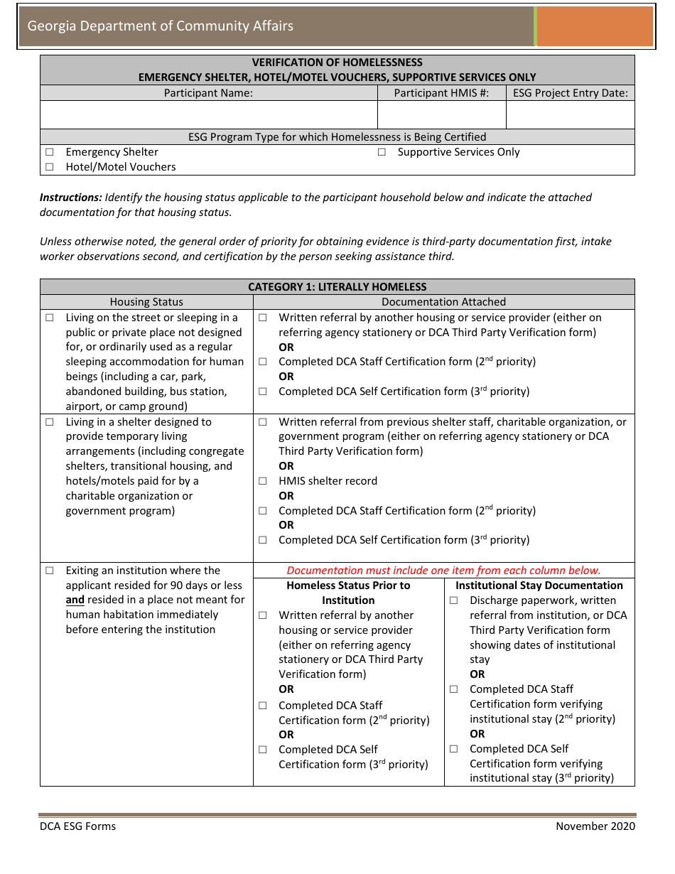 Verification of Homelessness - Emergency Shelter, Hotel / Motel Vouchers, Supportive Services Only - Georgia (United States), Page 1