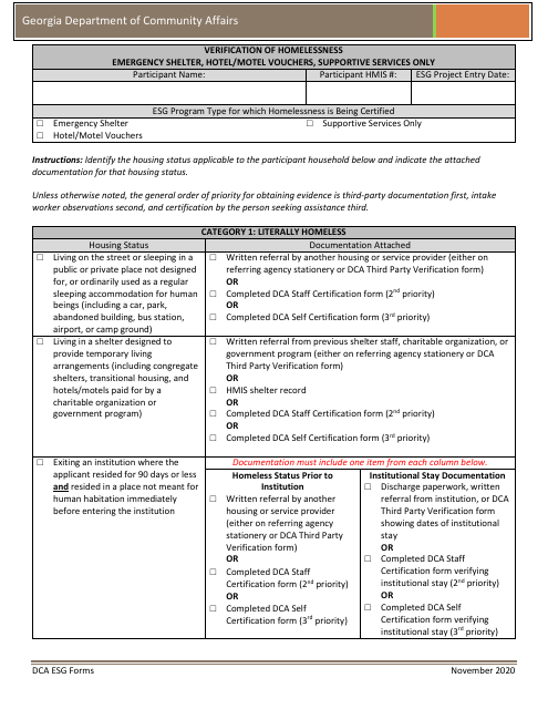 Verification of Homelessness - Emergency Shelter, Hotel / Motel Vouchers, Supportive Services Only - Georgia (United States) Download Pdf