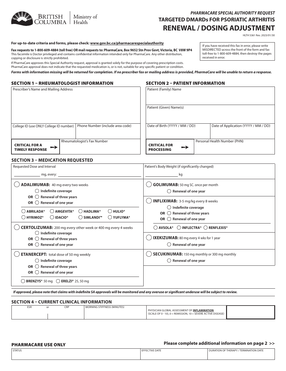 Form HLTH5361 Pharmacare Special Authority Request - Targeted Dmards for Psoriatic Arthritis - Renewal / Dosing Adjustment - British Columbia, Canada, Page 1