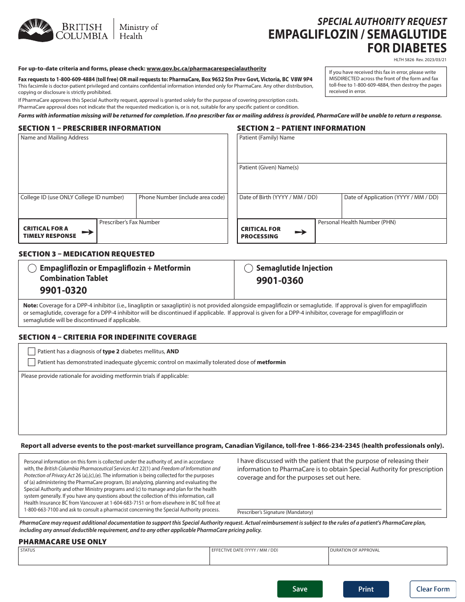 Form HLTH5826 Special Authority Request - Empagliflozin / Semaglutide for Diabetes - British Columbia, Canada, Page 1