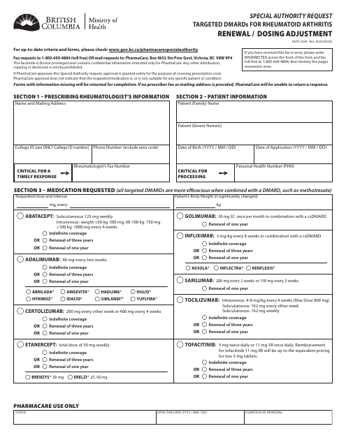 Form HLTH5354 Special Authority Request - Targeted Dmards for Rheumatoid Arthritis - Renewal/Dosing Adjustment - British Columbia, Canada