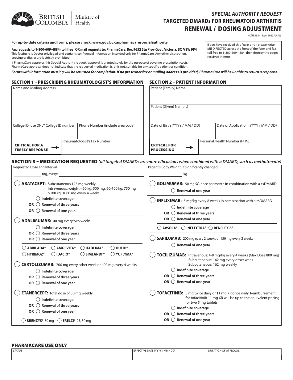 Form HLTH5354 Special Authority Request - Targeted Dmards for Rheumatoid Arthritis - Renewal / Dosing Adjustment - British Columbia, Canada, Page 1