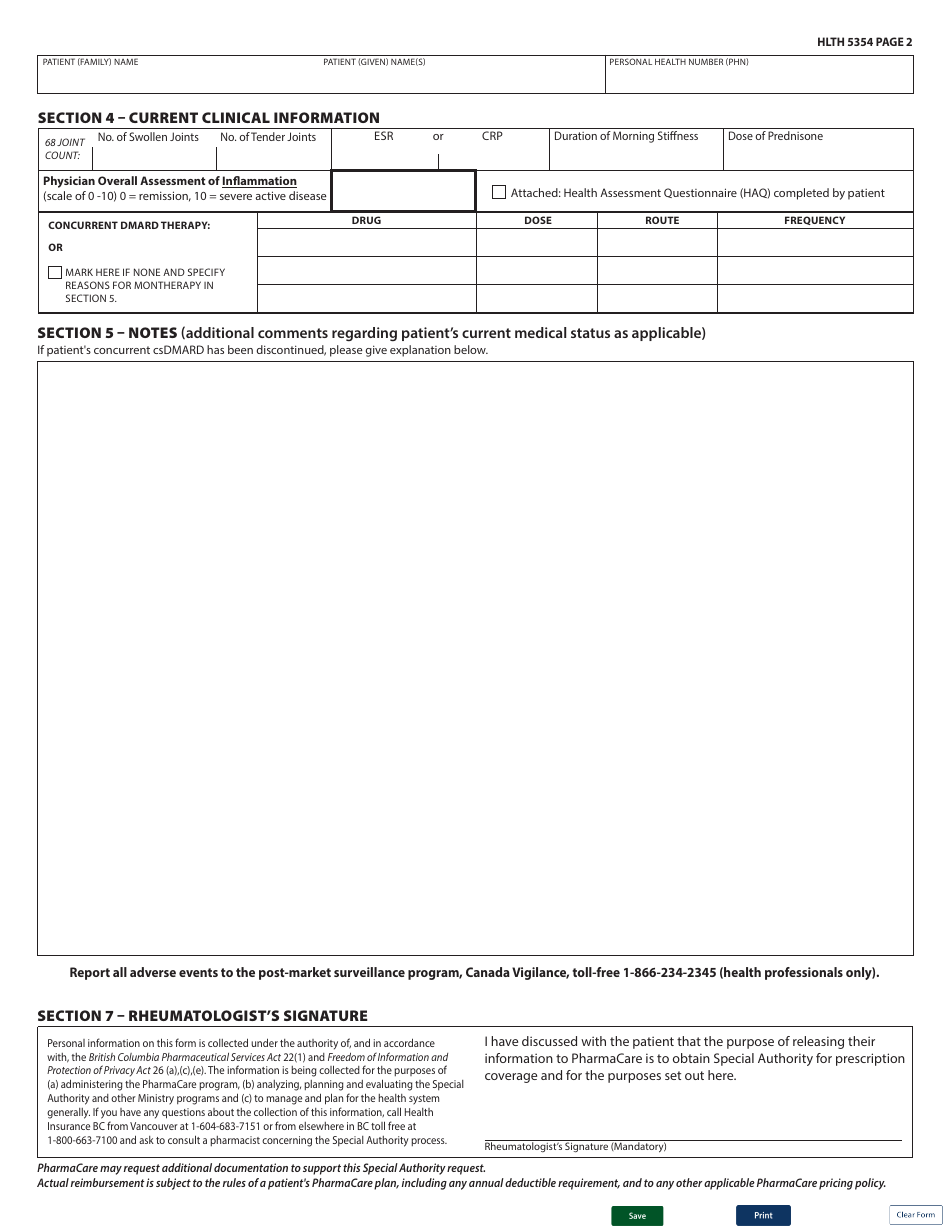Form HLTH5354 Special Authority Request - Targeted Dmards for Rheumatoid Arthritis - Renewal / Dosing Adjustment - British Columbia, Canada, Page 2
