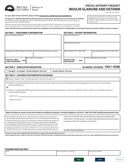 Form HLTH5396 Special Authority Request - Insulin Glargine and Detemir - British Columbia, Canada