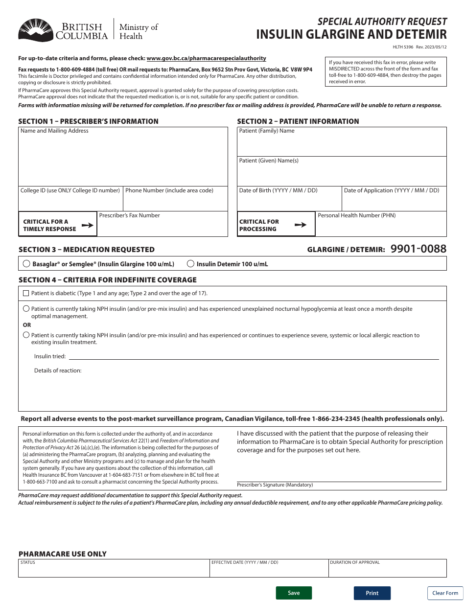 Form HLTH5396 Special Authority Request - Insulin Glargine and Detemir - British Columbia, Canada, Page 1