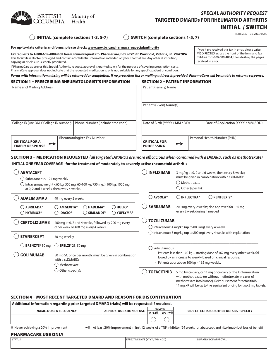 Form HLTH5345 Special Authority Request - Targeted Dmards for Rheumatoid Arthritis: Initial / Switch - British Columbia, Canada, Page 1