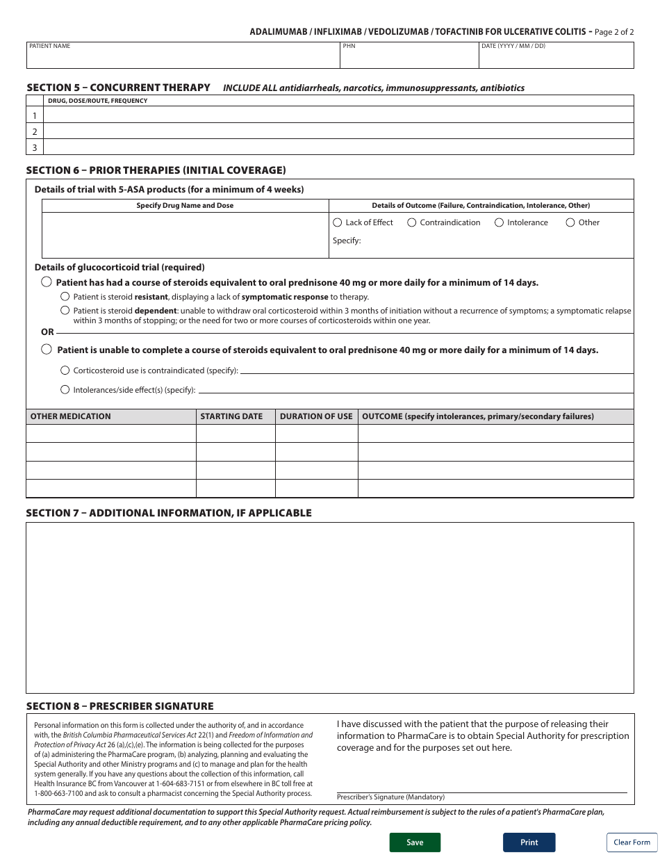 Form HLTH5388 Special Authority Request - Adalimumab / Infliximab / Vedolizumab / Tofactinib for Ulcerative Colitis - Initial / Switch Coverage - British Columbia, Canada, Page 2