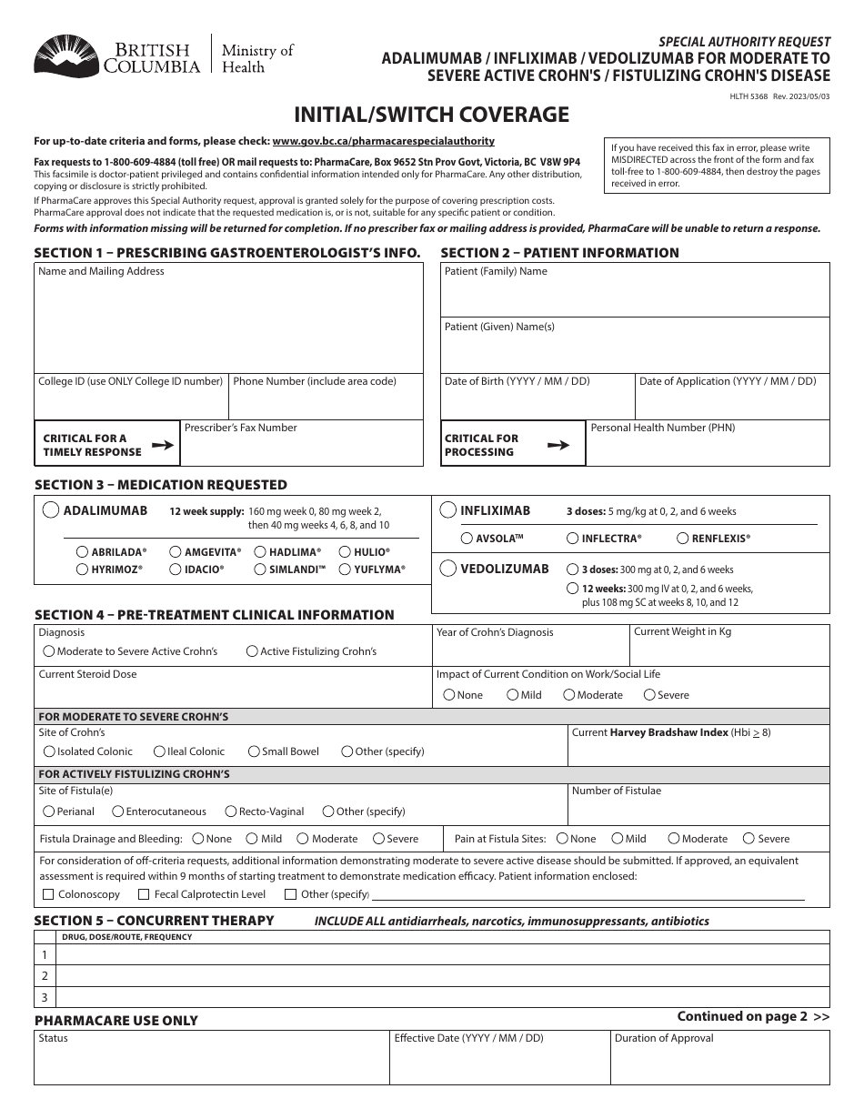 Form HLTH5368 Special Authority Request - Adalimumab / Infliximab / Vedolizumab for Moderate to Severe Active Crohns / Fistulizing Crohns Disease: Initial / Switch Coverage - British Columbia, Canada, Page 1