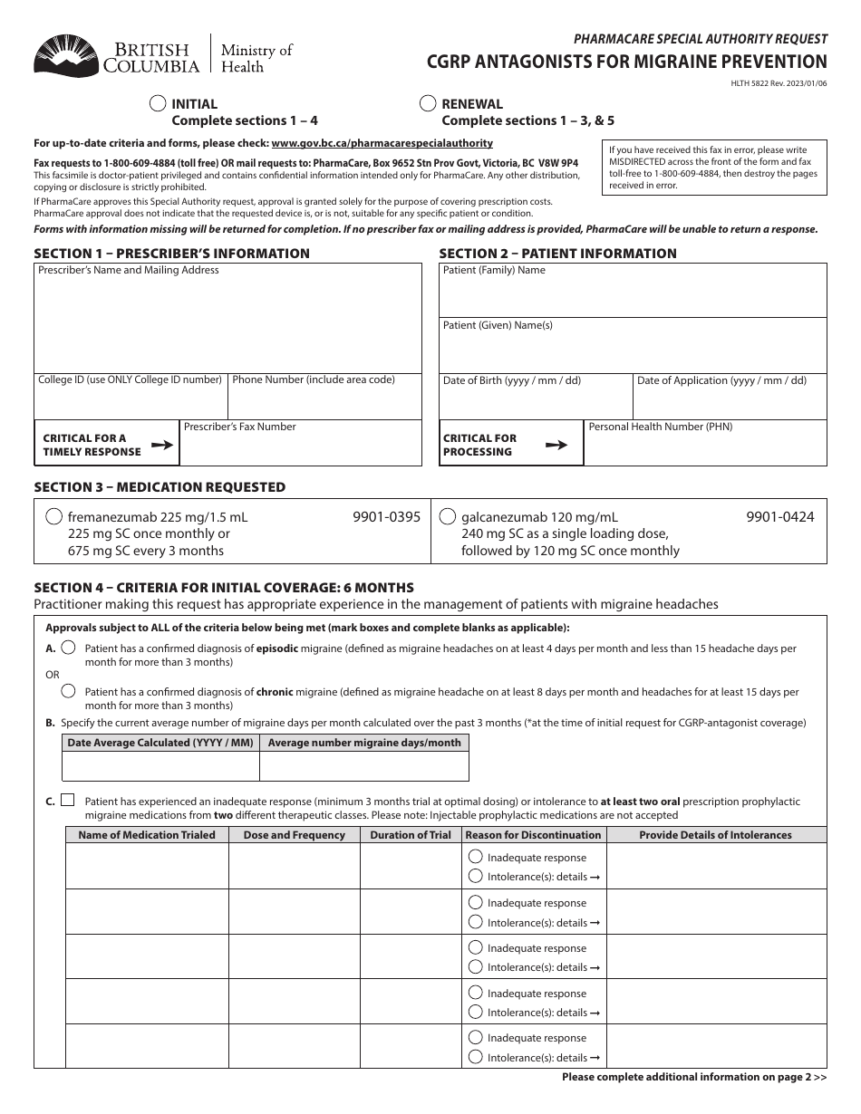 Form HLTH5822 Pharmacare Special Authority Request - Cgrp Antagonists for Migraine Prevention - British Columbia, Canada, Page 1