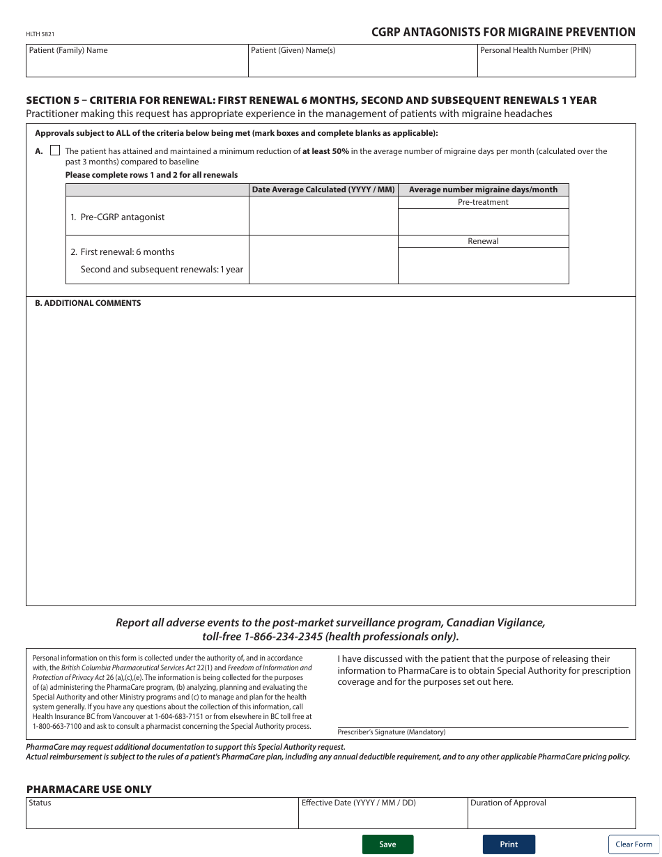Form HLTH5822 Pharmacare Special Authority Request - Cgrp Antagonists for Migraine Prevention - British Columbia, Canada, Page 2