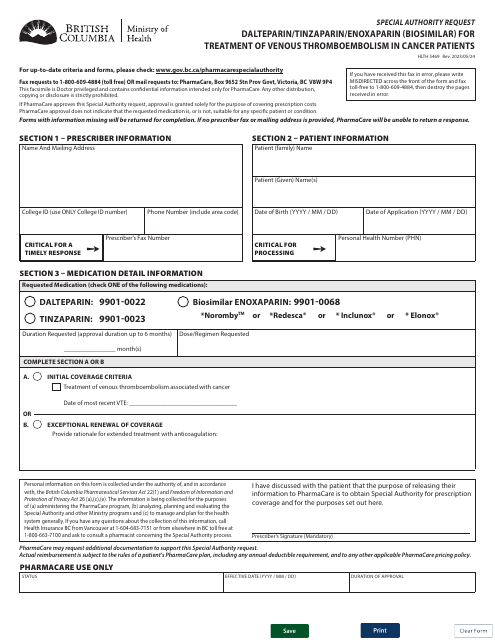 Form HLTH5469 Special Authority Request - Dalteparin/Tinzaparin/Enoxaparin (Biosimilar) for Treatment of Venous Thromboembolism in Cancer Patients - British Columbia, Canada