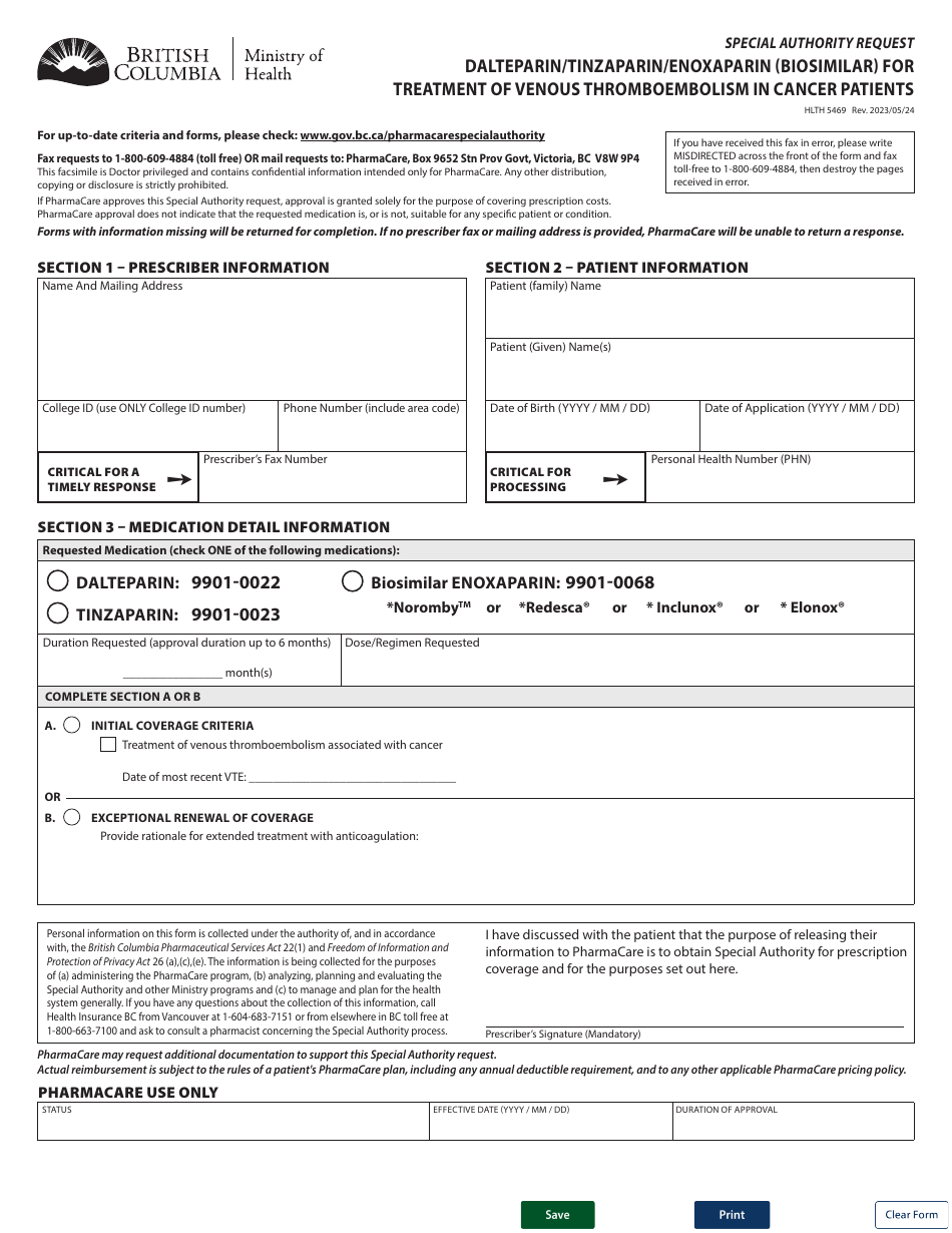 Form HLTH5469 Special Authority Request - Dalteparin / Tinzaparin / Enoxaparin (Biosimilar) for Treatment of Venous Thromboembolism in Cancer Patients - British Columbia, Canada, Page 1