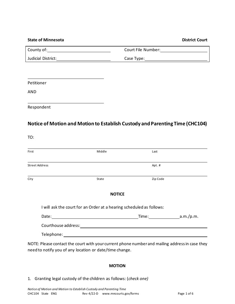 Form CHC104 Notice of Motion and Motion to Establish Custody and Parenting Time - Minnesota, Page 1