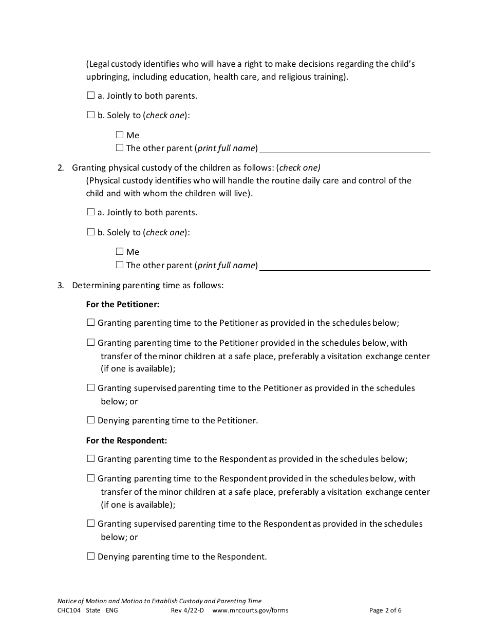 Form CHC104 Notice of Motion and Motion to Establish Custody and Parenting Time - Minnesota, Page 2