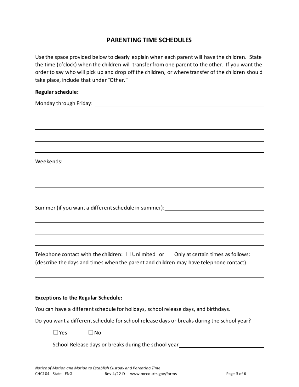 Form CHC104 Notice of Motion and Motion to Establish Custody and Parenting Time - Minnesota, Page 3