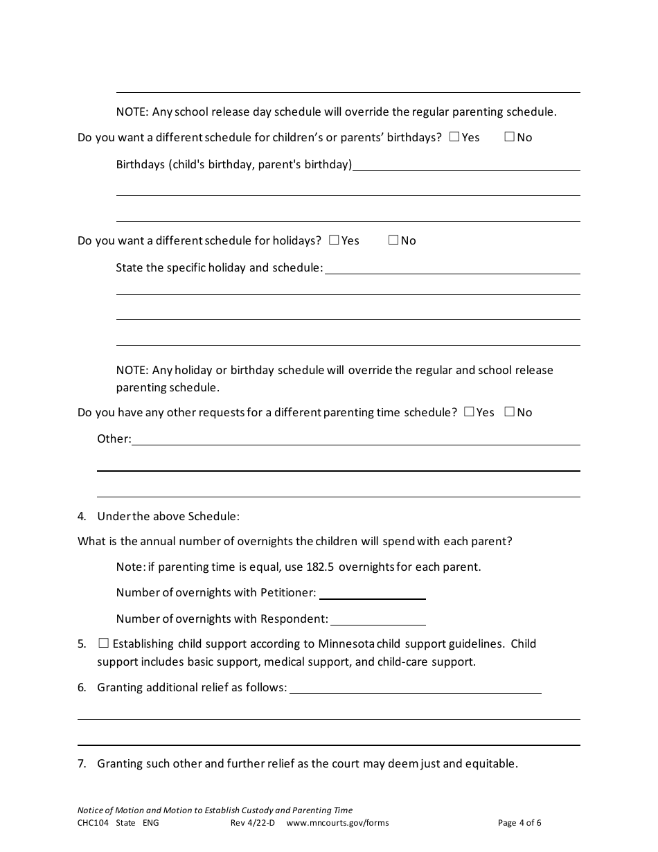 Form CHC104 Notice of Motion and Motion to Establish Custody and Parenting Time - Minnesota, Page 4