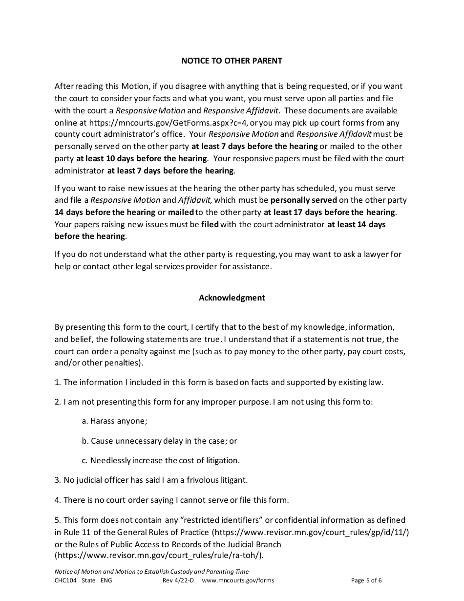 Form CHC104 Notice of Motion and Motion to Establish Custody and Parenting Time - Minnesota, Page 5