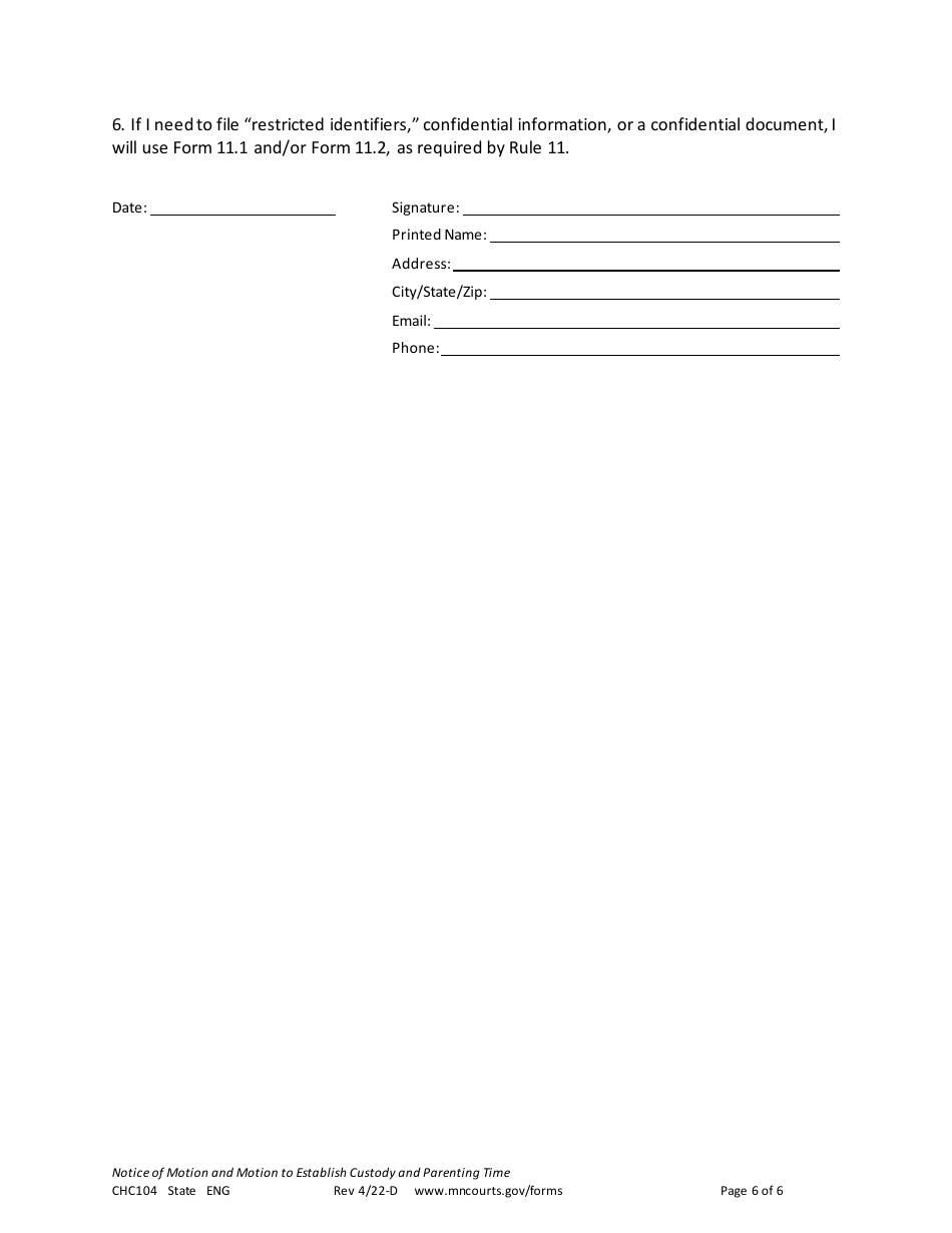 Form CHC104 Notice of Motion and Motion to Establish Custody and Parenting Time - Minnesota, Page 6