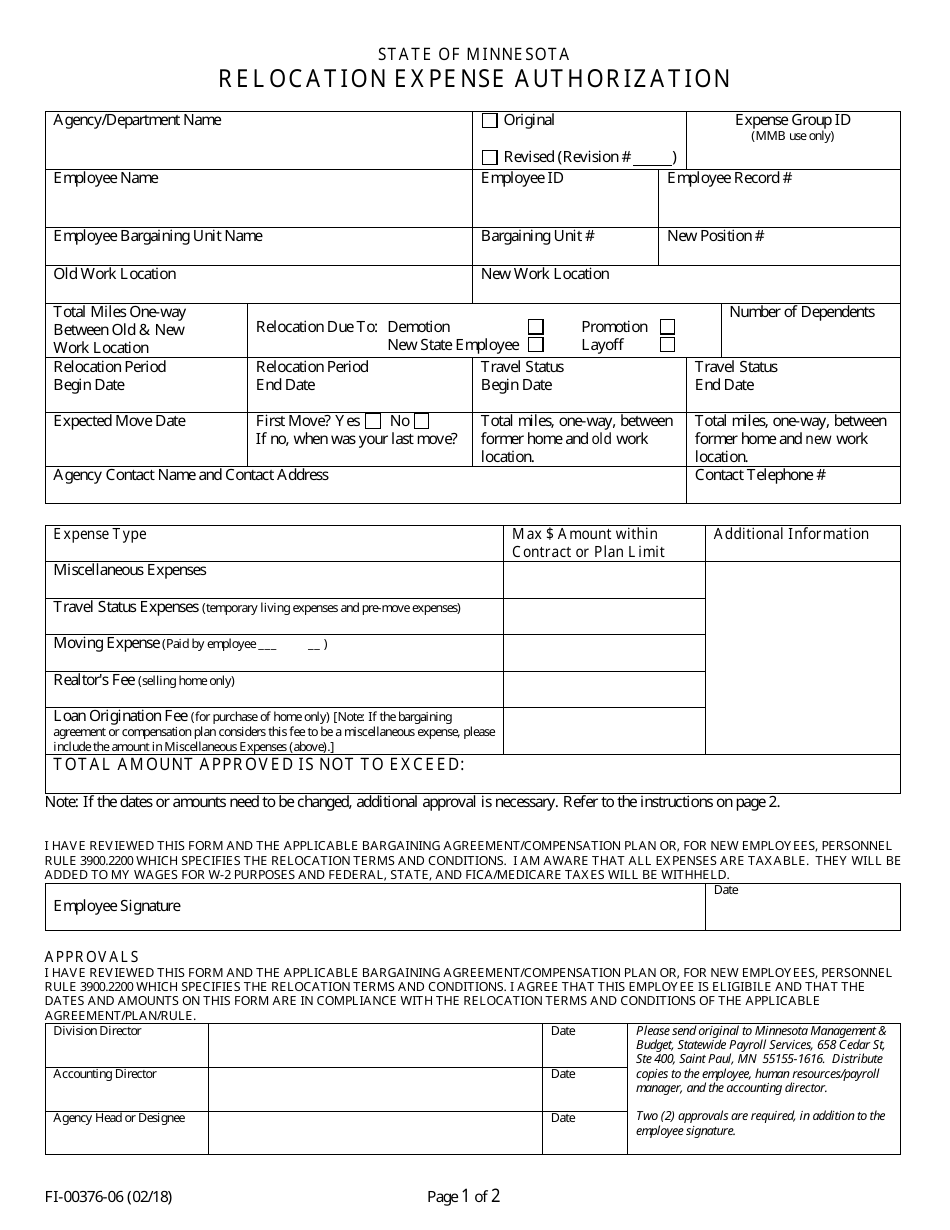 Form FI-00376-06 Relocation Expense Authorization - Minnesota, Page 1