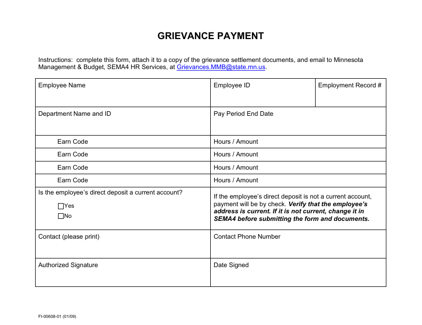 Form FI-00608-01 Grievance Payment - Minnesota