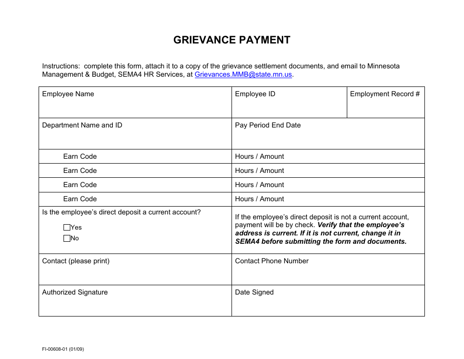Form FI-00608-01 Grievance Payment - Minnesota, Page 1