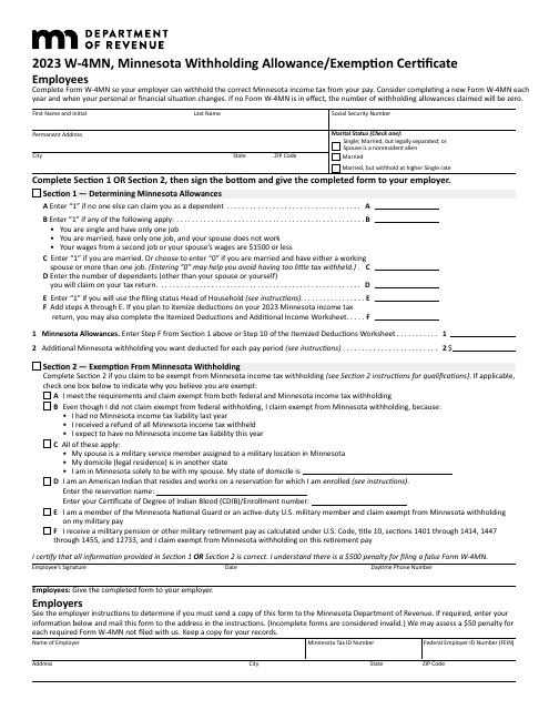 Form W-4MN Minnesota Employee Withholding Allowance/Exemption Certificate - Minnesota, 2023