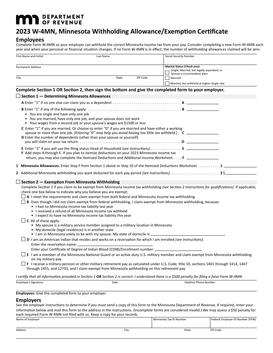 Form W-4MN Minnesota Employee Withholding Allowance / Exemption Certificate - Minnesota, Page 1