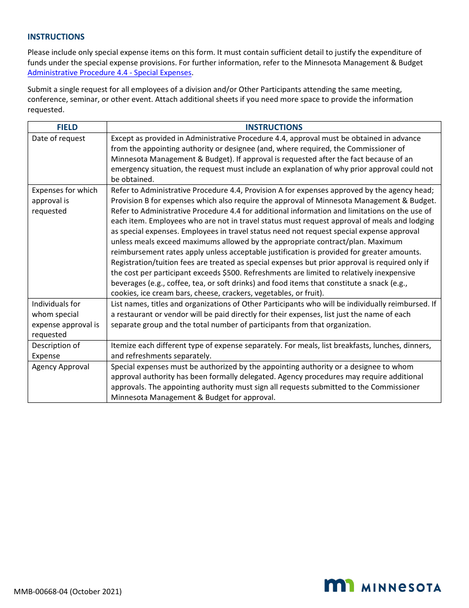 Form MMB-00668-04 Request for Approval of Special Expenses - Minnesota, Page 3