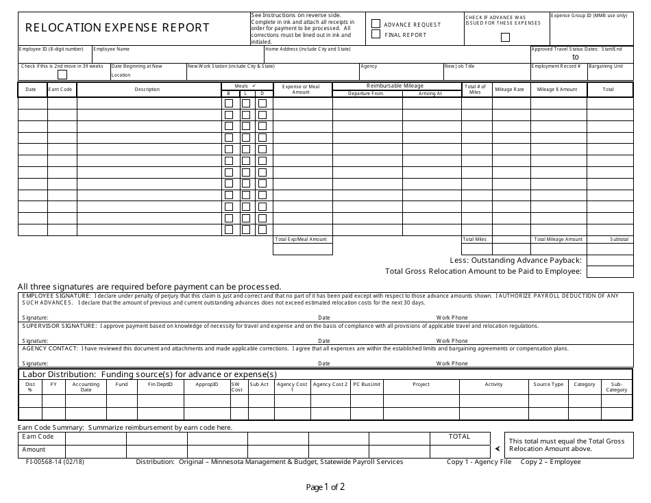 Form FI-00568-14 Relocation Expense Report - Minnesota, Page 1