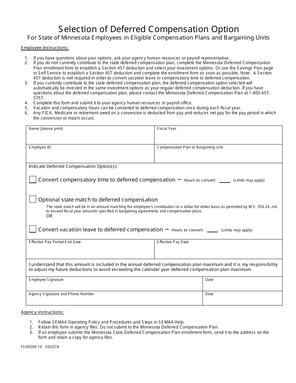 Form FI-00599-10 Selection of Deferred Compensation Option - Minnesota, Page 1