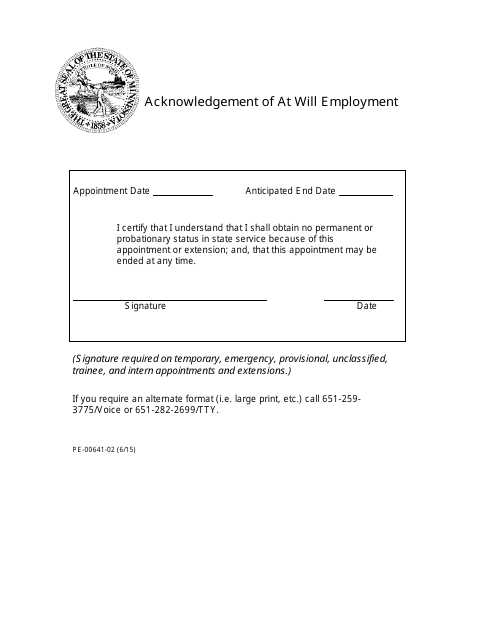 Form PE-00641-02 Acknowledgement of at Will Employment - Minnesota