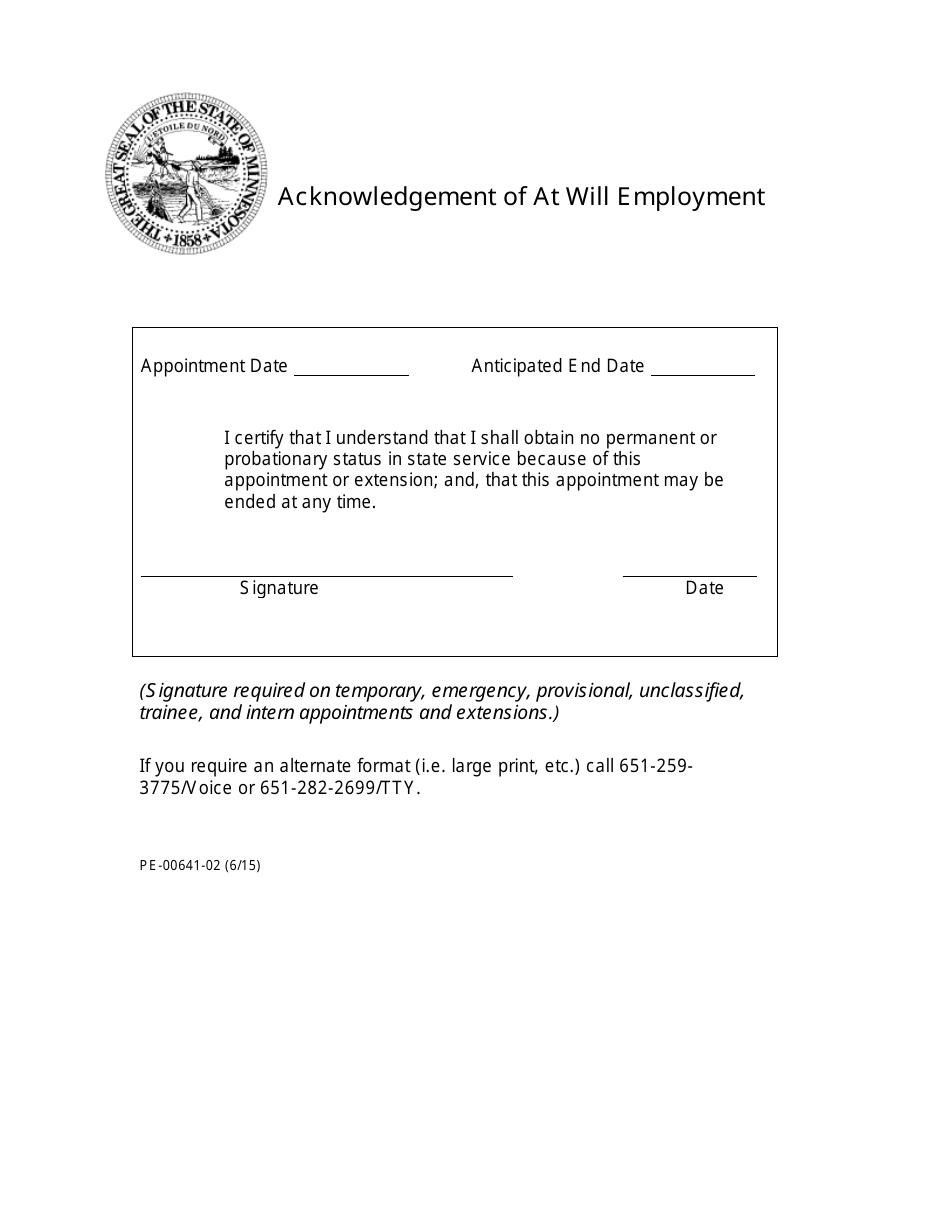 Form PE-00641-02 Acknowledgement of at Will Employment - Minnesota, Page 1
