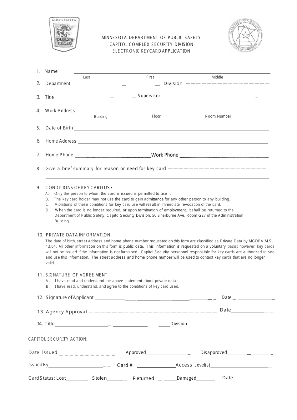 Electronic Keycard Application - Minnesota, Page 1