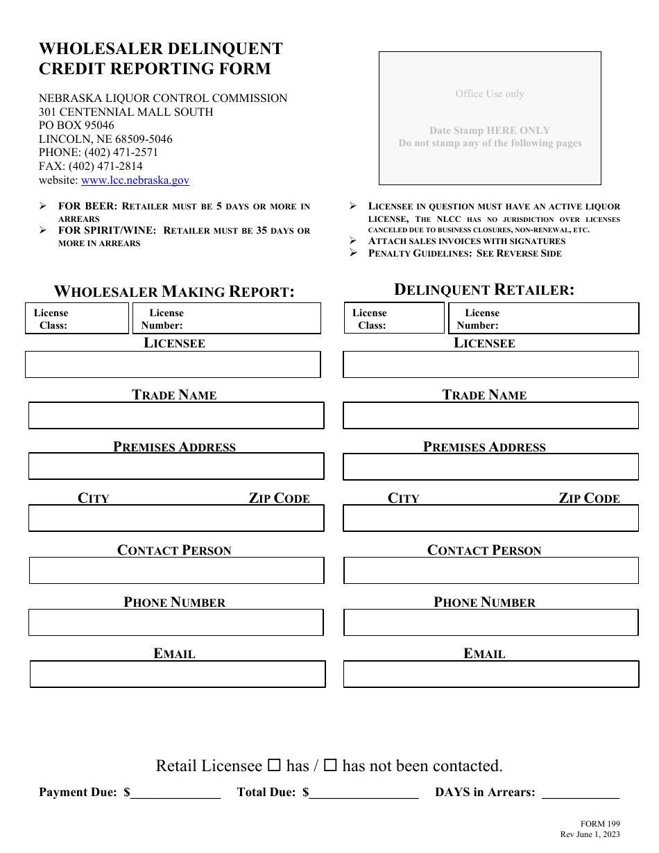 Form 199 Wholesaler Delinquent Credit Reporting Form - Nebraska, Page 1