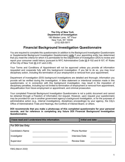 Financial Background Investigation Questionnaire - New York City Download Pdf