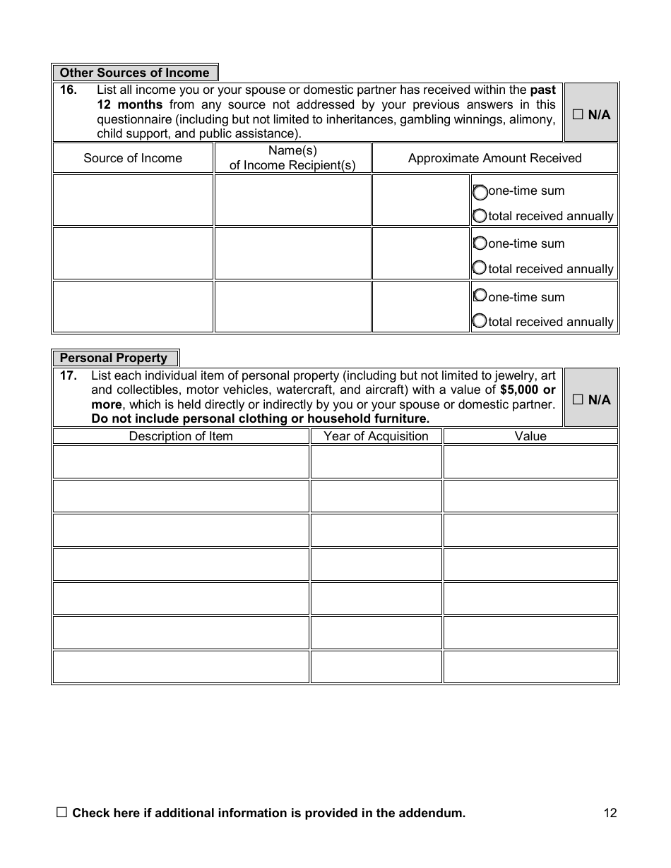 Financial Background Investigation Questionnaire - New York City, Page 12