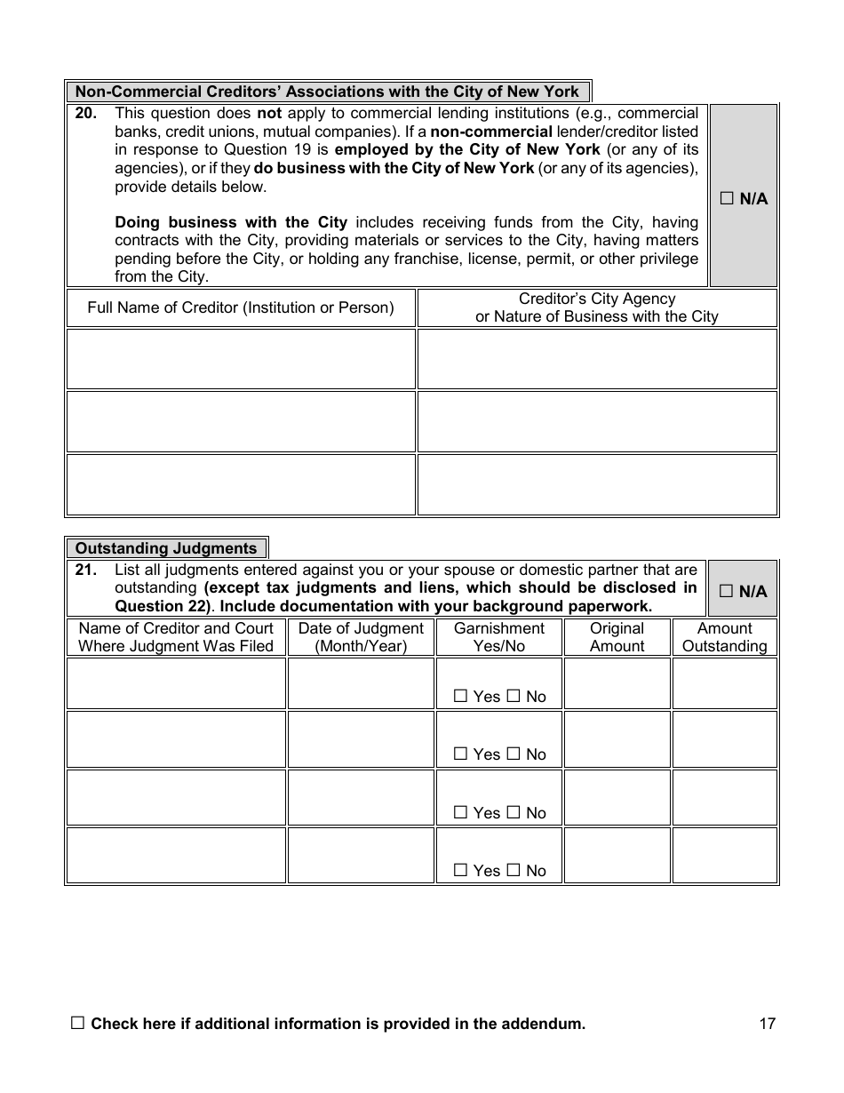 Financial Background Investigation Questionnaire - New York City, Page 17