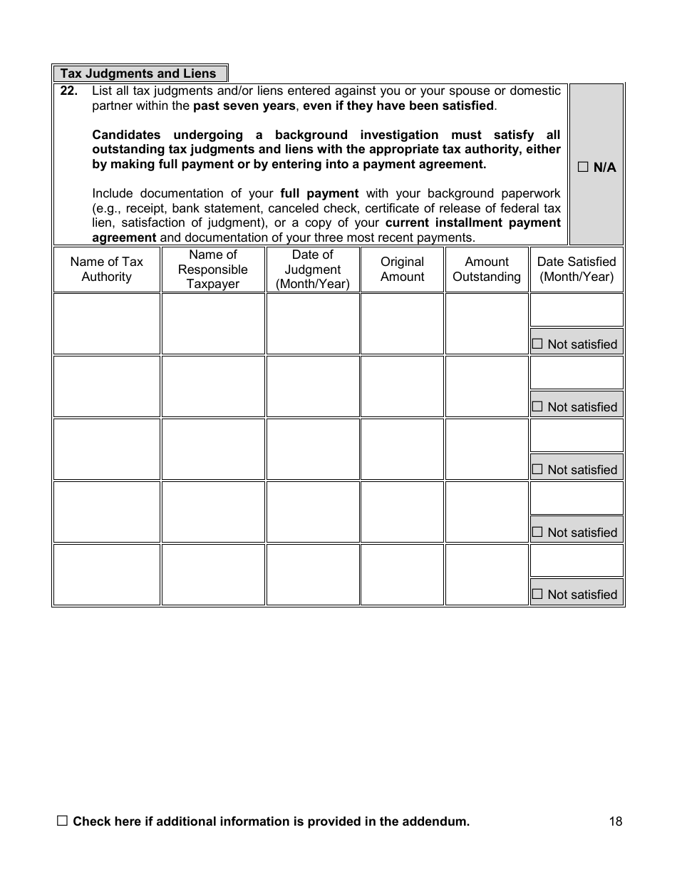 Financial Background Investigation Questionnaire - New York City, Page 18