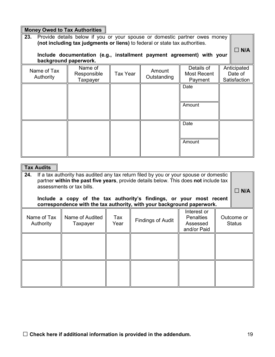 Financial Background Investigation Questionnaire - New York City, Page 19