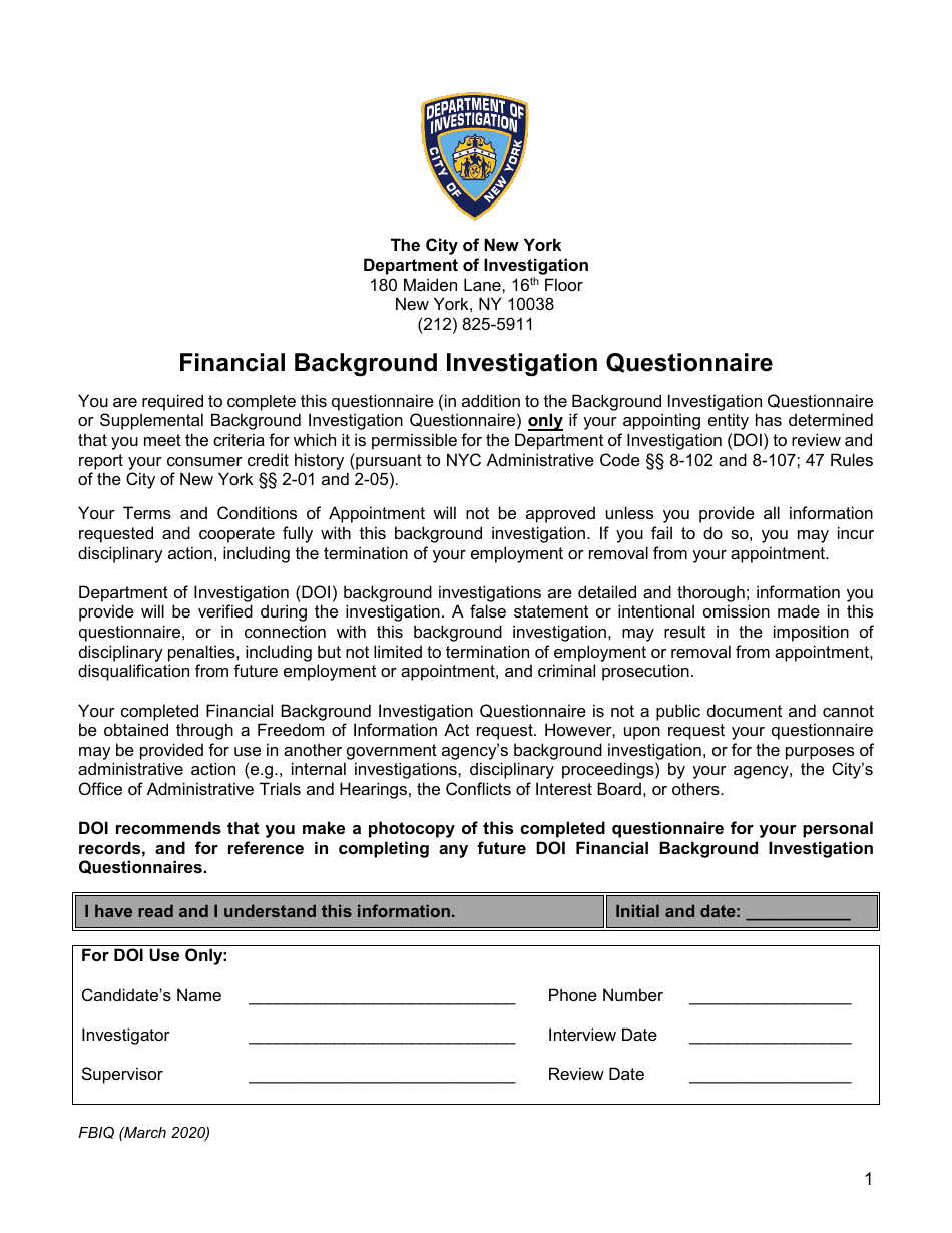 Financial Background Investigation Questionnaire - New York City, Page 1