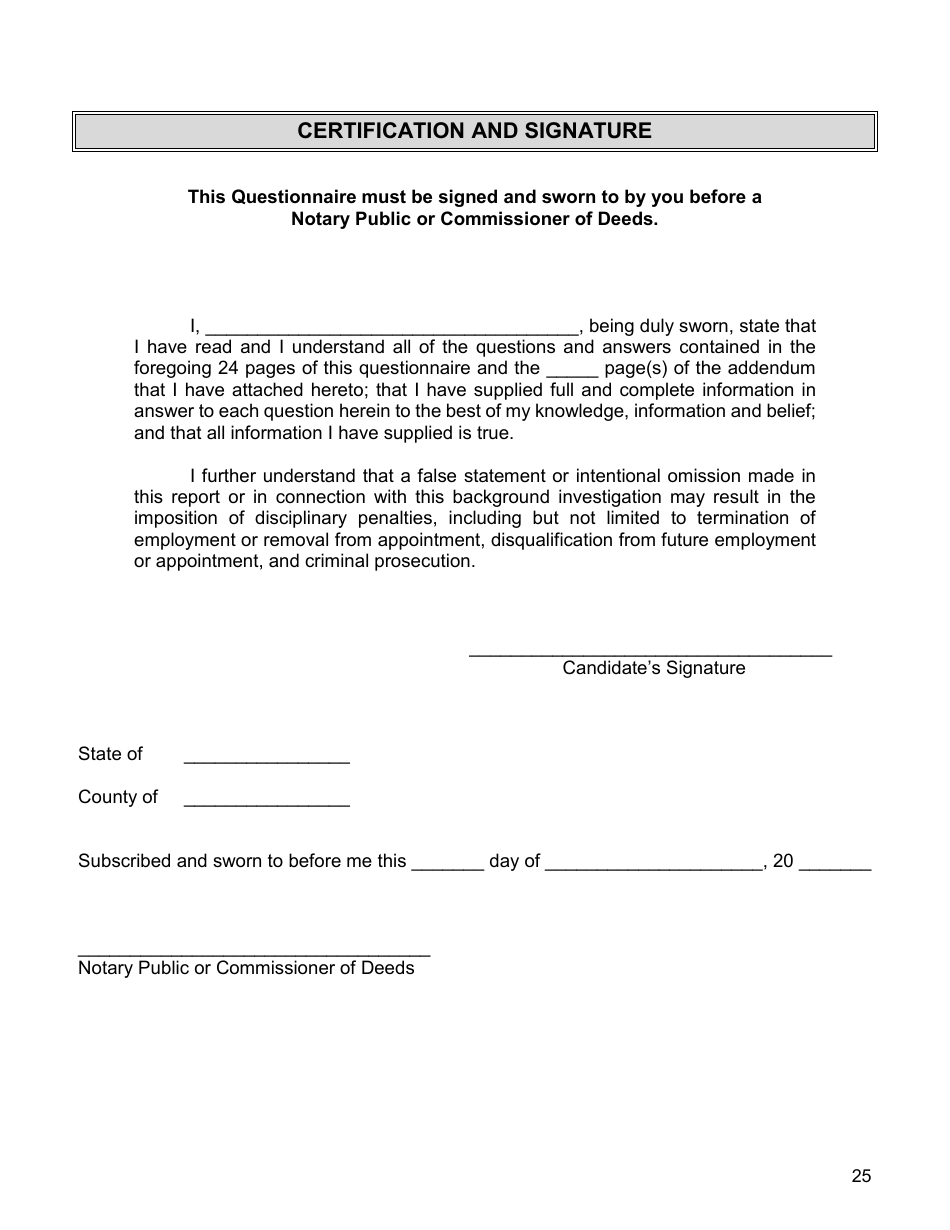 Financial Background Investigation Questionnaire - New York City, Page 25