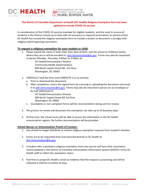 Annual Religious Immunization Exemption Certificate - Sample - Washington, D.C. Download Pdf