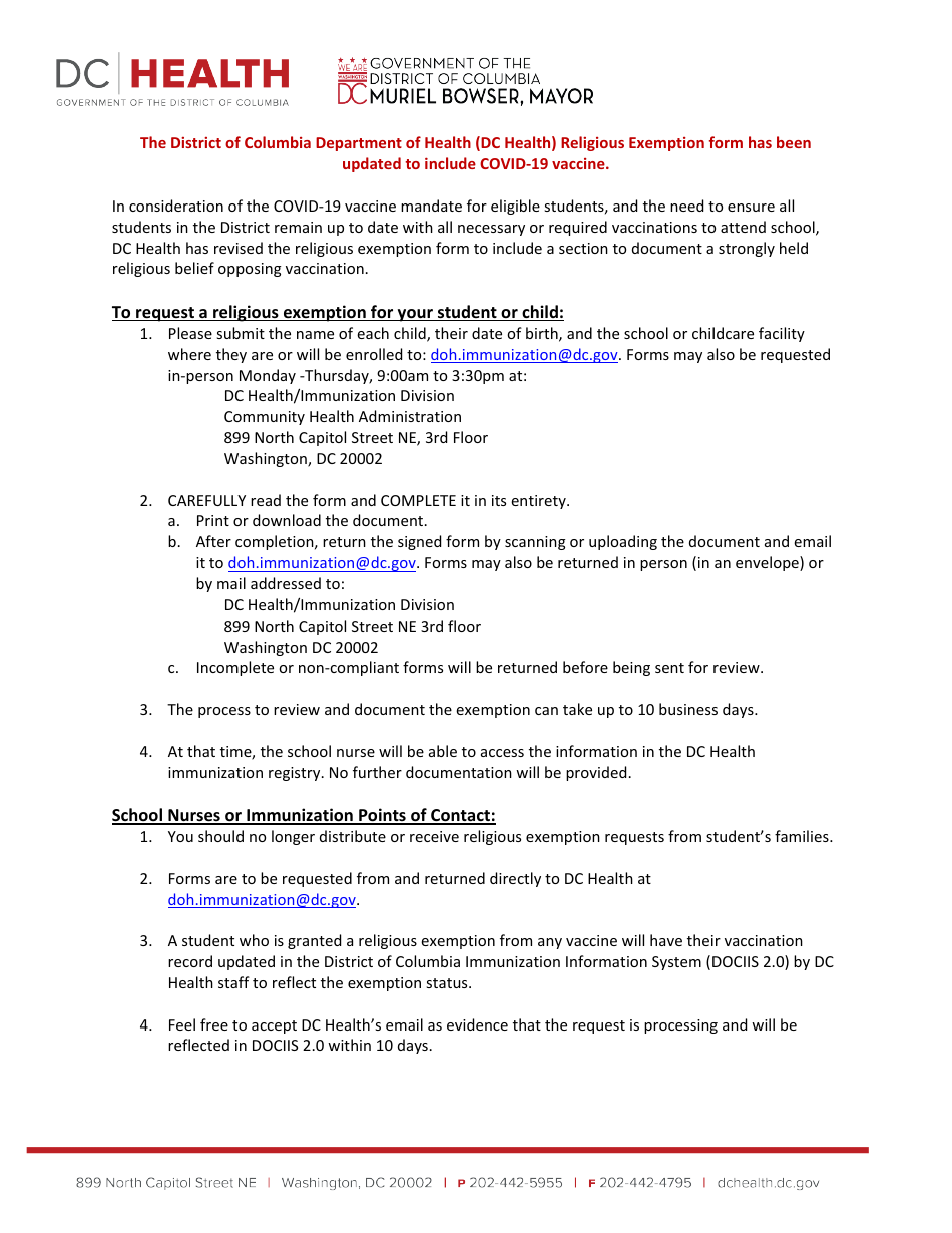 Annual Religious Immunization Exemption Certificate - Sample - Washington, D.C., Page 1