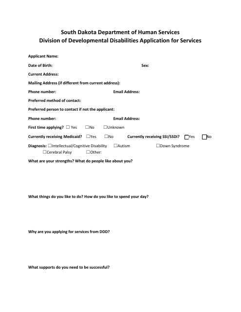 Division of Developmental Disabilities Application for Services - South Dakota Download Pdf