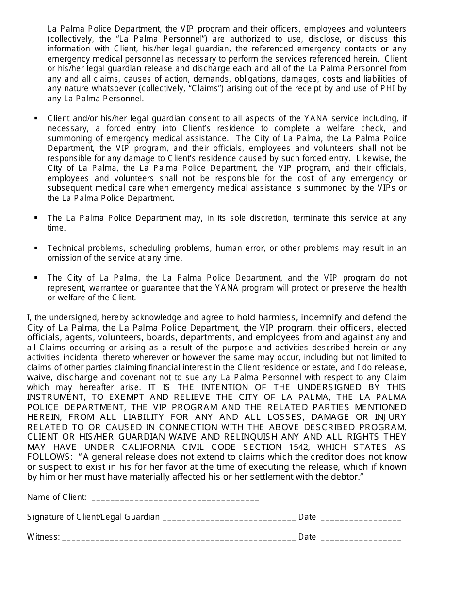 You Are Not Alone (Y.a.n.a.) Application / Waiver Form - City of La Palma, California, Page 2