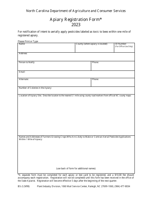 Form BS-2 Apiary Registration Form - North Carolina, 2023