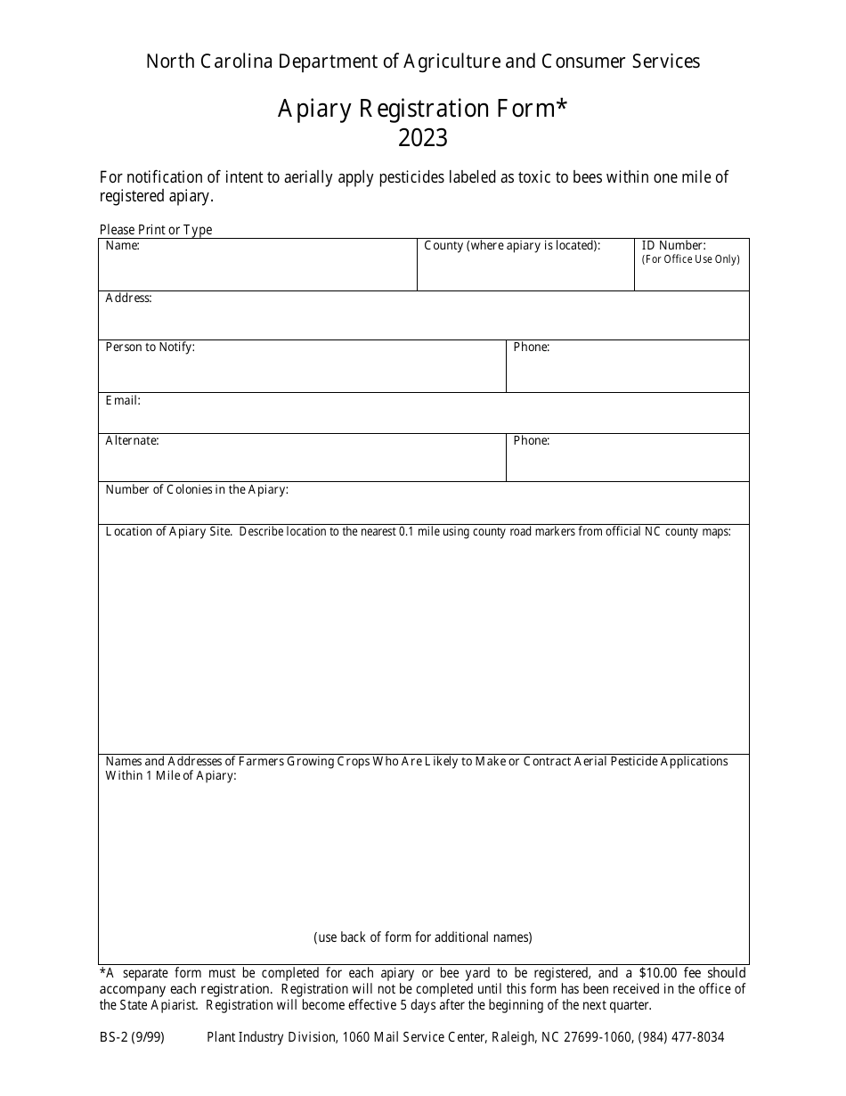 Form BS-2 Apiary Registration Form - North Carolina, Page 1