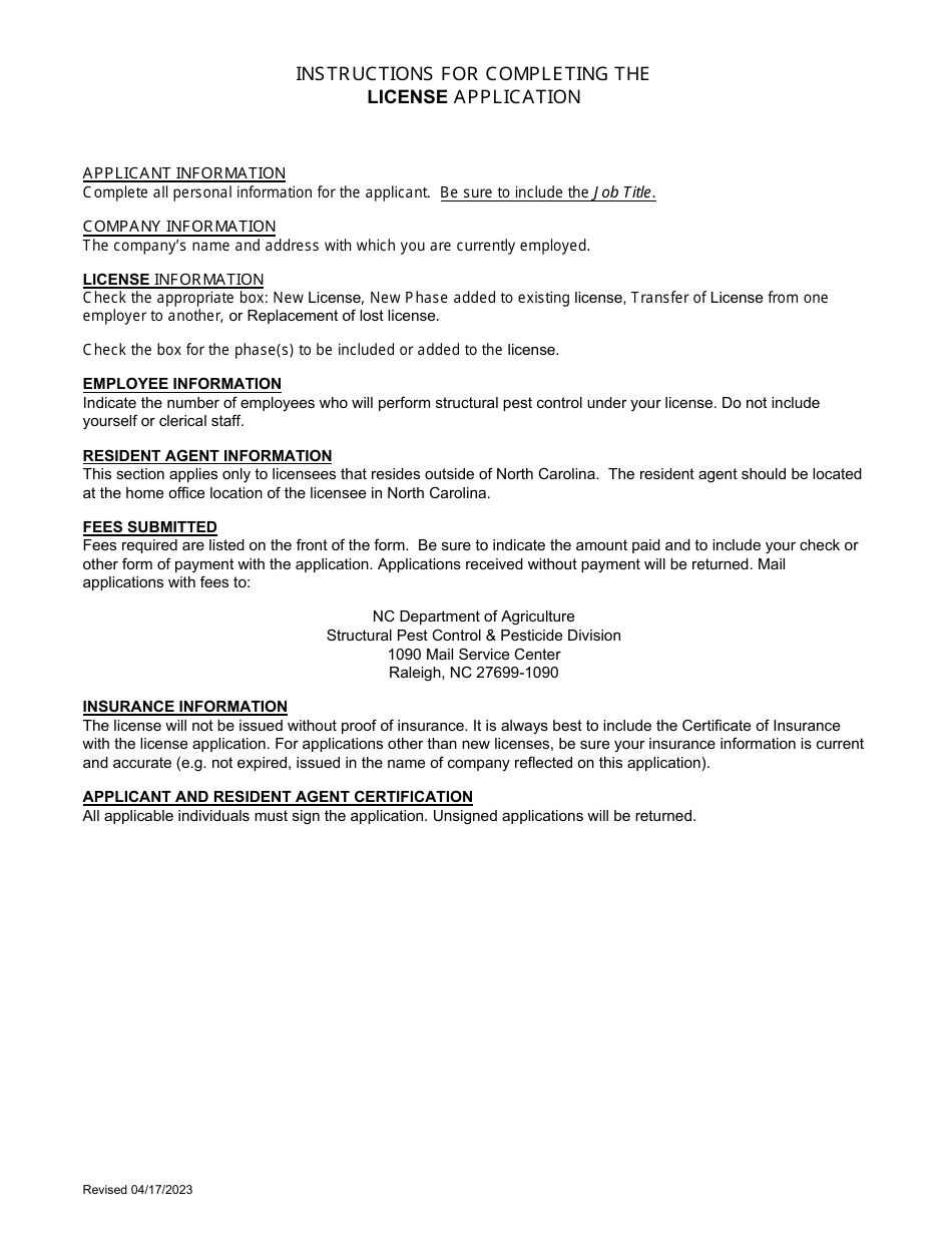 Form 18 Application for Structural Pest Control License - North Carolina, Page 1