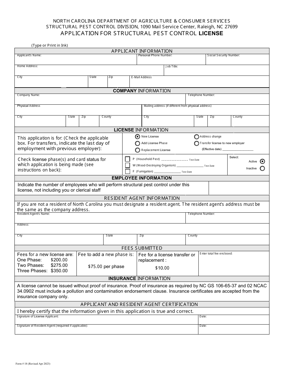 Form 18 Application for Structural Pest Control License - North Carolina, Page 2
