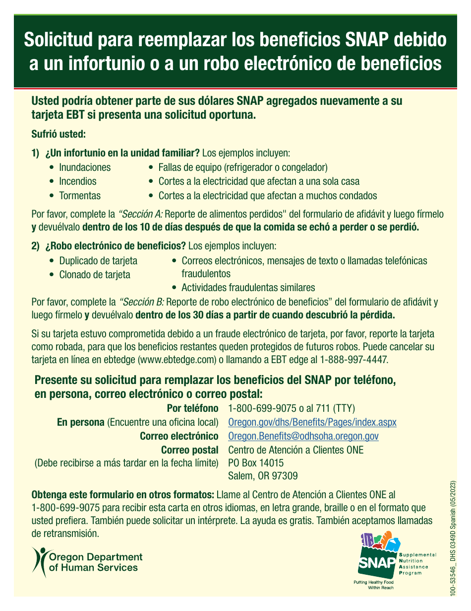 Formulario DHS0349D Afidavit Para Solicitar El Remplazo De Los Beneficios Del Snap - Oregon (Spanish), Page 1